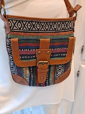 Southwest Boho Multicolor Woven Cotton Slim Crossbody with Tan Trim